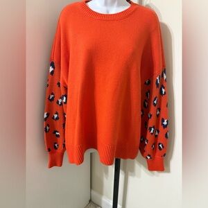 Cabana by Crown & Ivy Bold Orange Sweater with Animal Print Sleeves Sz XL